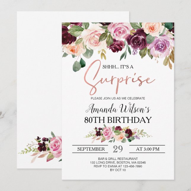 Burgundy Blush Pink Script Surprise Birthday Party Invitation (Front/Back)