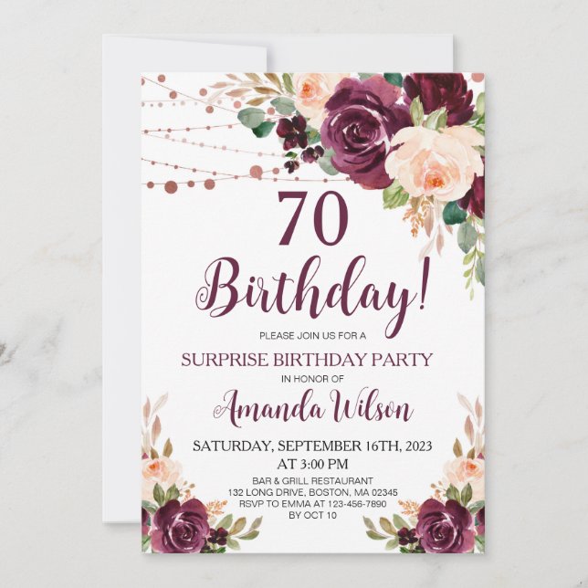 Burgundy Blush Pink Script Surprise Birthday Party Invitation (Front)