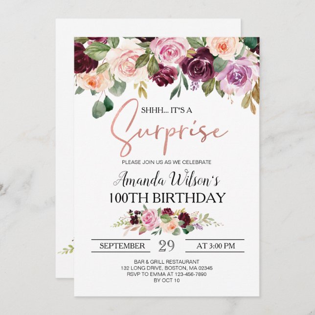 Burgundy Blush Pink Script Surprise Birthday Party Invitation (Front/Back)