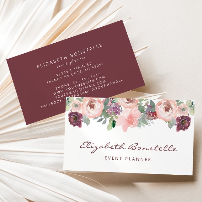 Burgundy Blush Pink Watercolor Floral Business Card (Creator Uploaded)