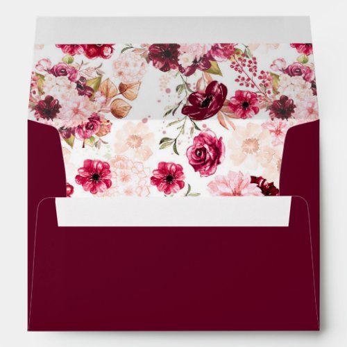 Burgundy  Blush Pink Watercolor Floral Wedding Envelope