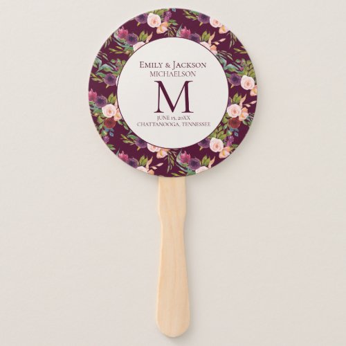 Burgundy Blush Pink Watercolor Floral Wedding Hand Fan