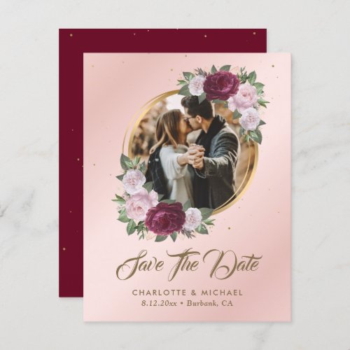 Burgundy Blush Pink Wedding Photo Save The Date Announcement