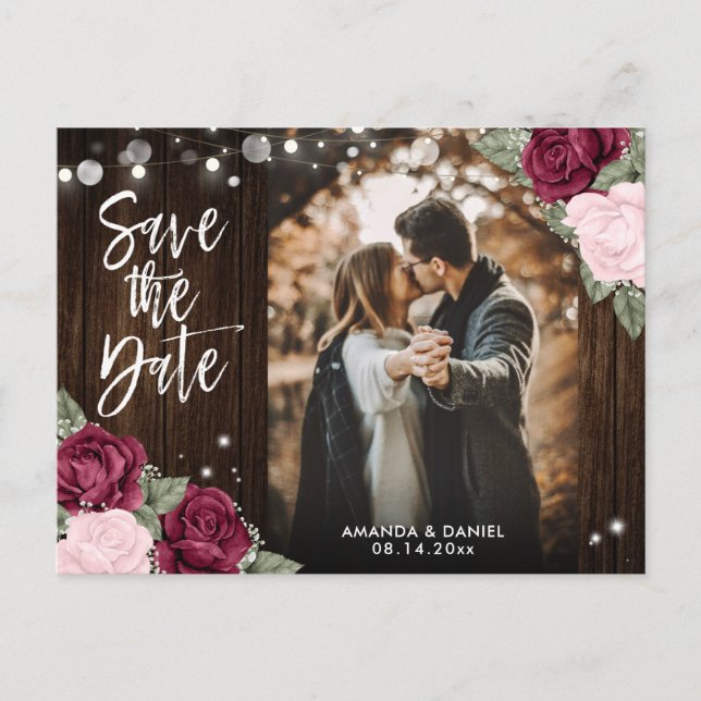 Burgundy Blush Pink Wedding Photo Save The Date Announcement Postcard (Front)