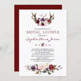 Burgundy Blush Plum Floral Antlers Bridal Shower Invitation