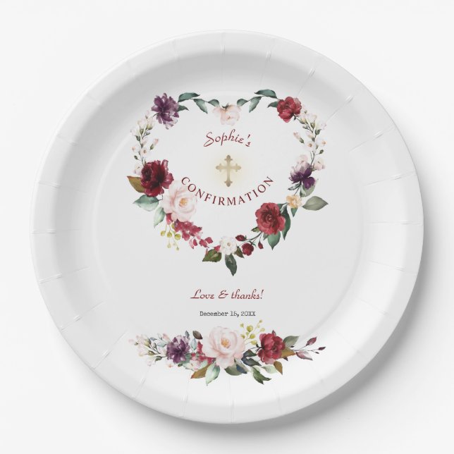 Burgundy Blush Plum Floral Girl Confirmation Paper Plates (Front)