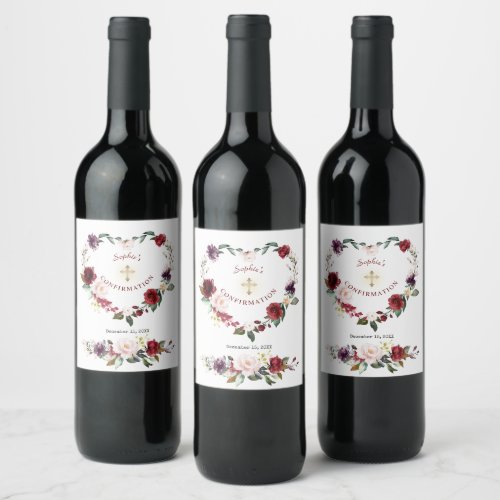 Burgundy Blush Plum Floral Girl Confirmation Wine Label