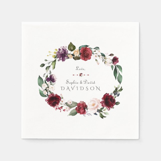 Burgundy Blush Plum Flowers Wreath Wedding Napkins (Front)