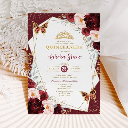 Burgundy Blush Quinceaera Butterflies Mis Quince Invitation