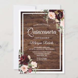 Burgundy Blush Red Wine Floral Rustic Quinceanera Invitation