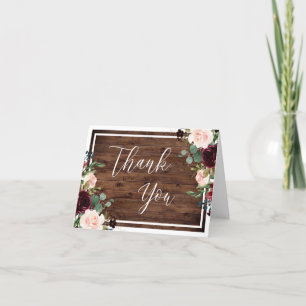 Burgundy & Blush Red Wine Floral Rustic Wedding Letterpress Thank You Card