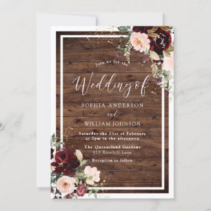 Burgundy Blush Red Wine Floral Rustic Wood Wedding Invitation