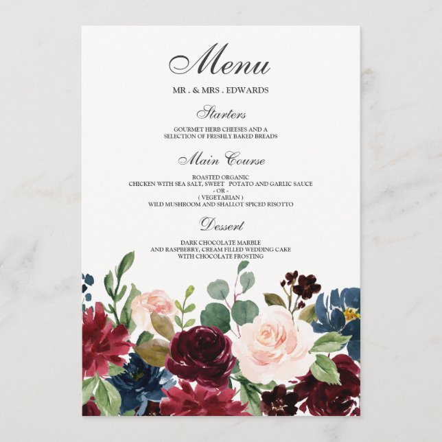 Burgundy Blush Red Wine Flowers Modern Wedding Menu (Front)