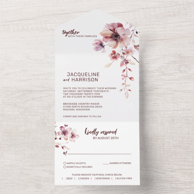 Burgundy & Blush Romantic Floral Wedding All In One Invitation (Inside)