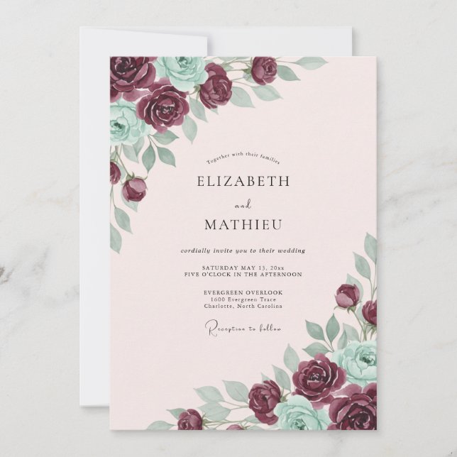 Burgundy Blush Romantic Floral Wedding Invitation (Front)