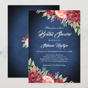 Burgundy Blush Rose Floral Navy Bridal Shower Invitation