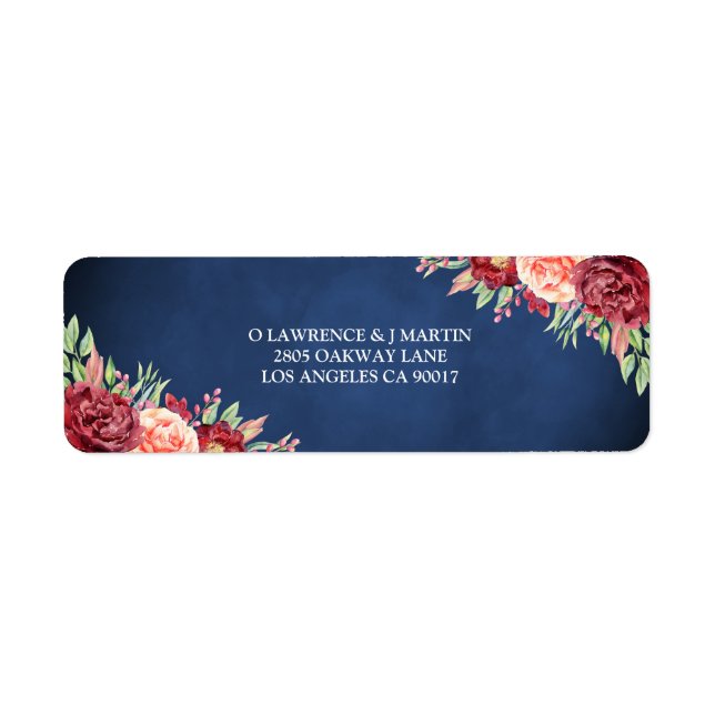 Burgundy Blush Rose Floral Navy Chalkboard Address Label (Front)