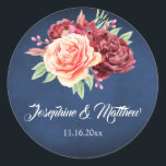 Burgundy Blush Rose Floral Navy Chalkboard Wedding Classic Round Sticker<br><div class="desc">These wedding stickers feature a watercolor burgundy and peach rose design with a navy blue chalkboard background. Personalize these stickers with your names and wedding date. These stickers are ideal for use as envelope seal stickers or for decorating wedding favors. They are part of a collection which includes matching wedding...</div>