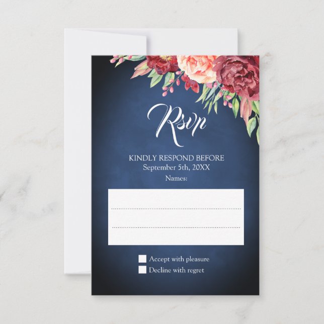 Burgundy Blush Rose Floral Navy Chalkboard Wedding RSVP Card (Front)