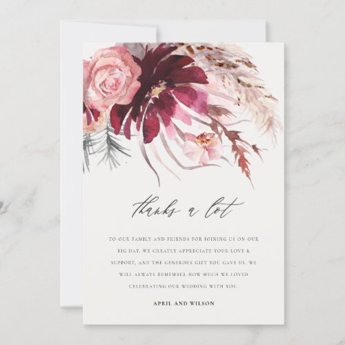 Burgundy Blush Rose Floral Pampas Grass Wedding Thank You Card