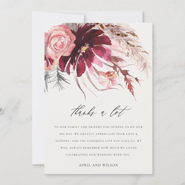 Burgundy Blush Rose Floral Pampas Grass Wedding Thank You Card (Front)