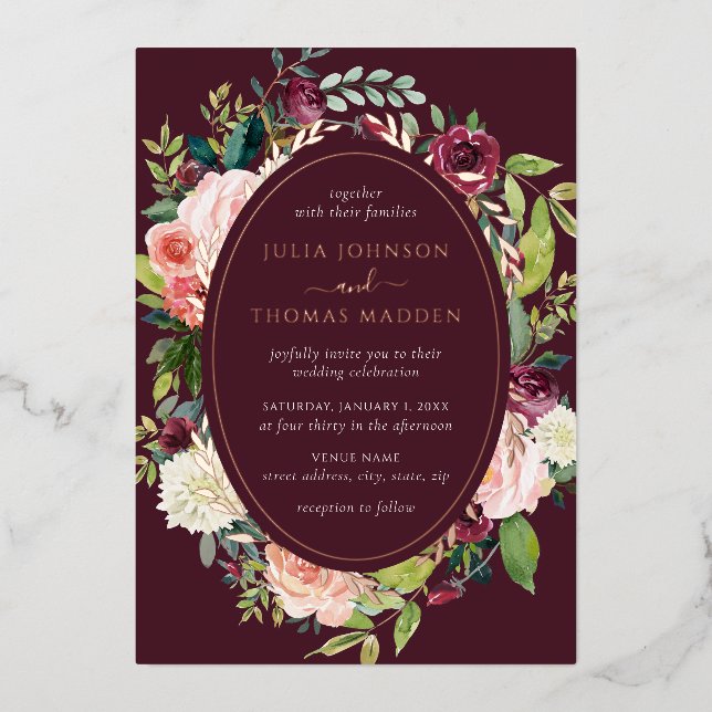 Burgundy Blush  Rose Gold Floral Foliage Wedding Foil Invitation (Front)