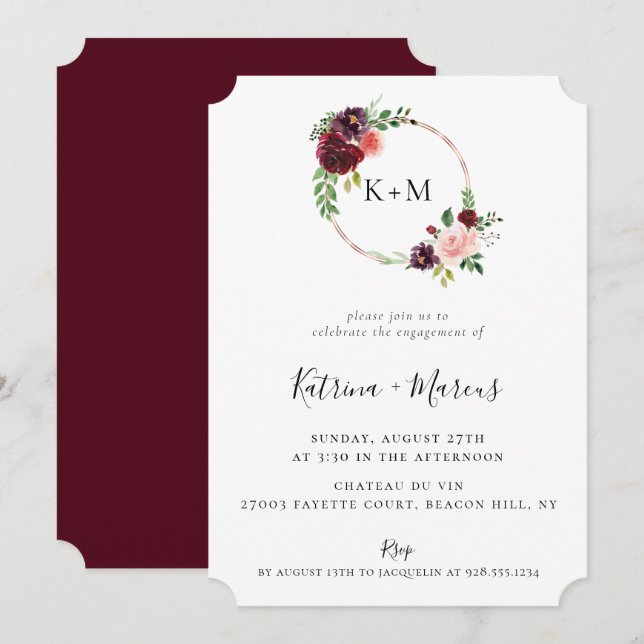 Burgundy Blush Rose Gold Hoop Engagement Invitation (Front/Back)