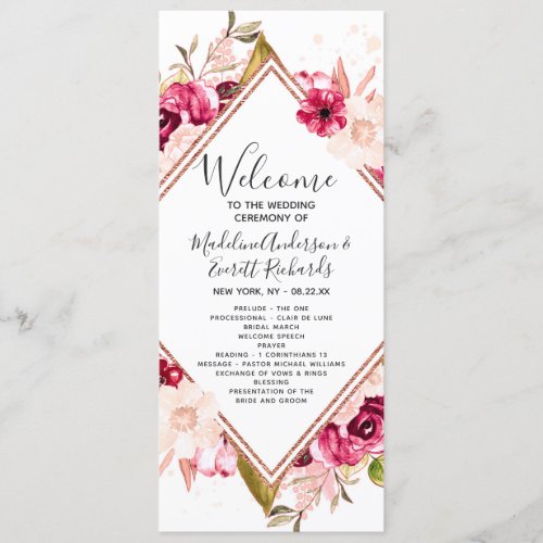 Burgundy Blush Rose Gold Wedding Ceremony Program