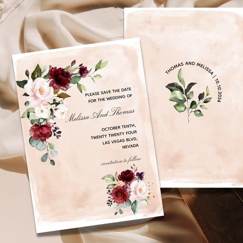 Burgundy Blush Rose Save The Date Announcement