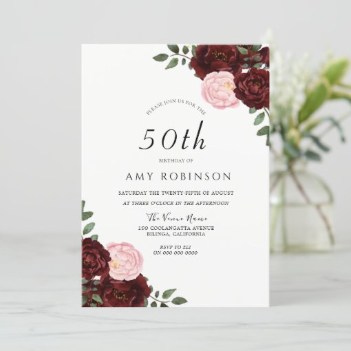 Burgundy Blush Roses 50th Birthday Party Invitation | Zazzle