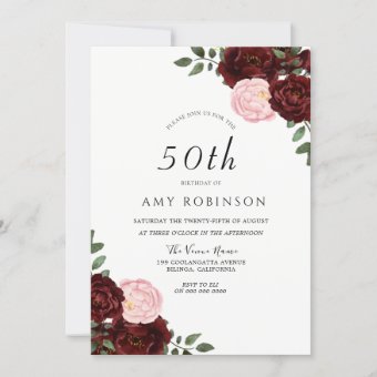 Burgundy Blush Roses 50th Birthday Party Invitation | Zazzle