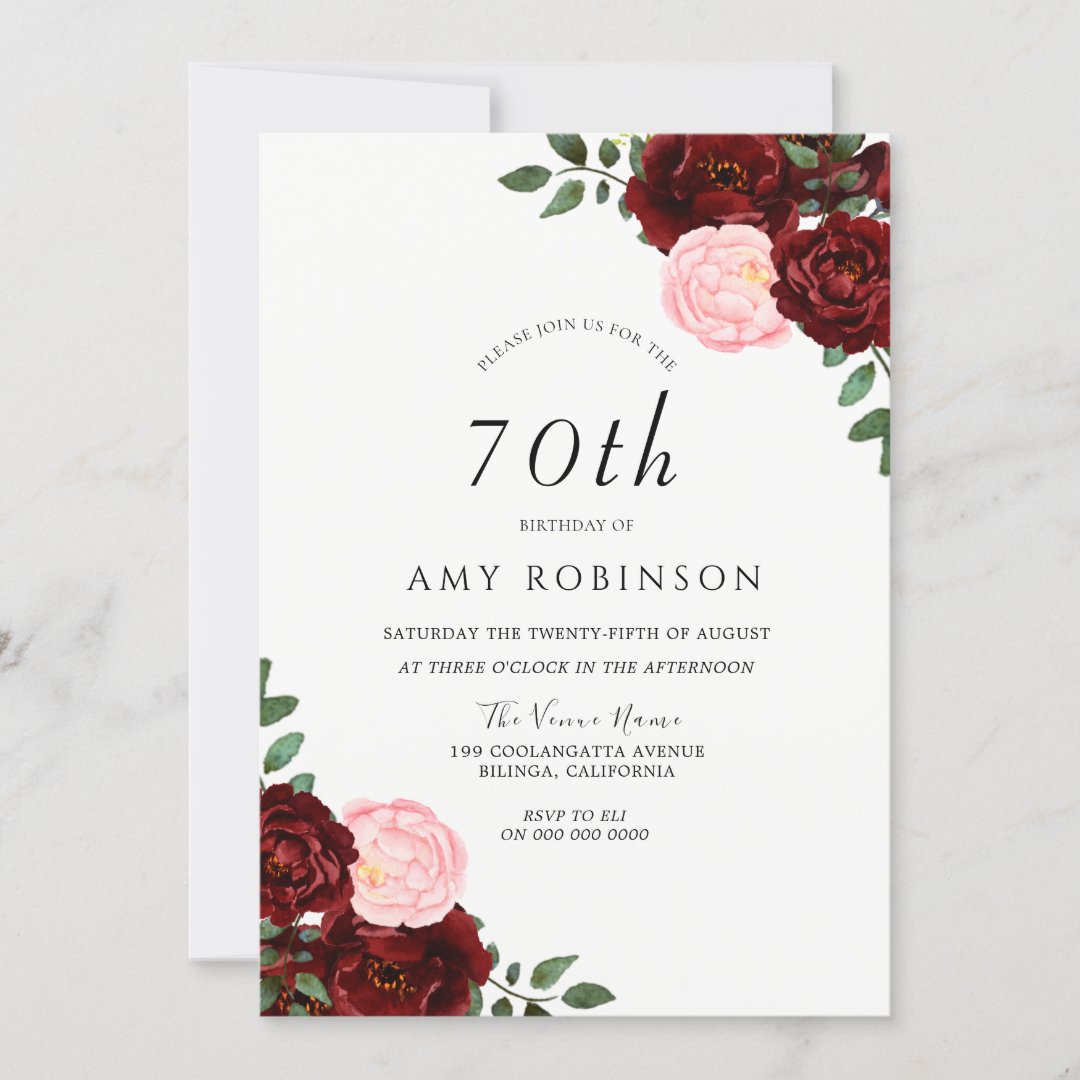 Burgundy Blush Roses 70th Birthday Party Invitation | Zazzle