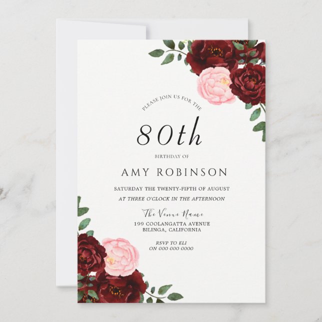 Burgundy Blush Roses 80th Birthday Party Invitation (Front)