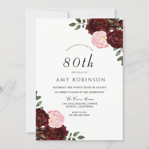 Burgundy Blush Roses 80th Birthday Party Invitation