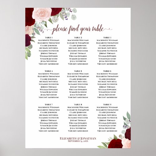 Burgundy Blush Roses 9 Table Wedding Seating Chart
