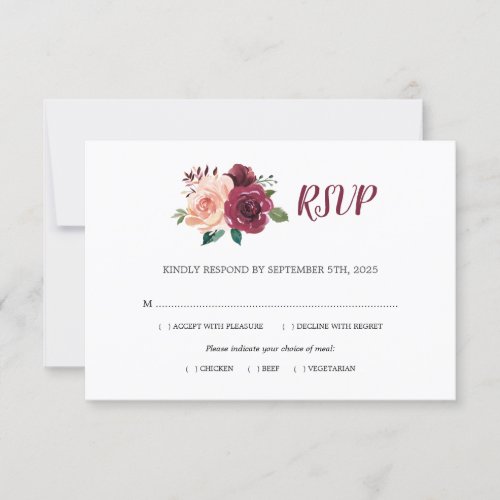 Burgundy Blush Roses Botanical Wedding Meal RSVP Card