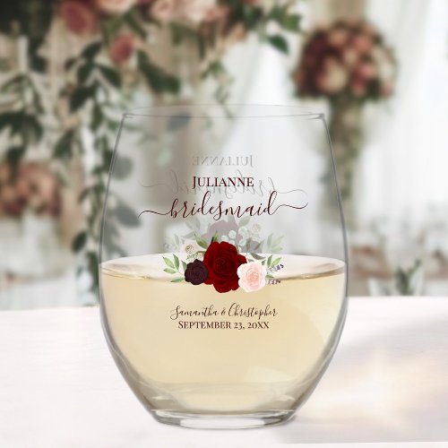 Burgundy Blush Roses Bridesmaid Maid of Honor Gift Stemless Wine Glass