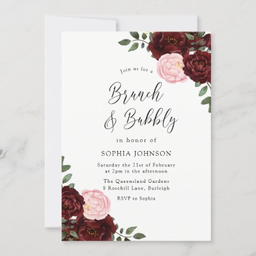 Burgundy Blush Roses Brunch  Bubbly Bridal Shower Invitation