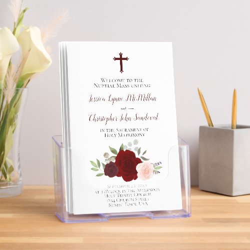 Burgundy Blush Roses Catholic Wedding Program Brochure