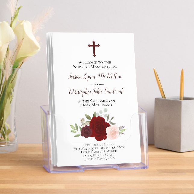 Burgundy Blush Roses Catholic Wedding Program Brochure (Insitu)