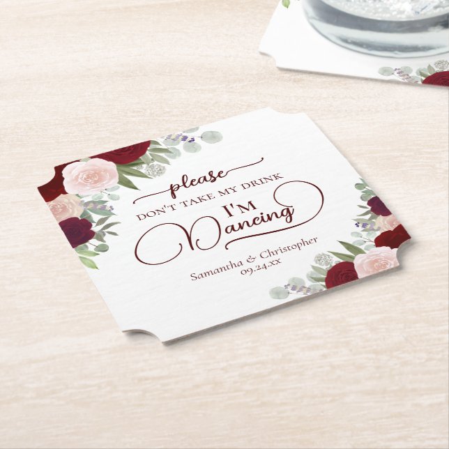 Burgundy Blush Roses Don't Take My Drink Wedding Paper Coaster (Angled)