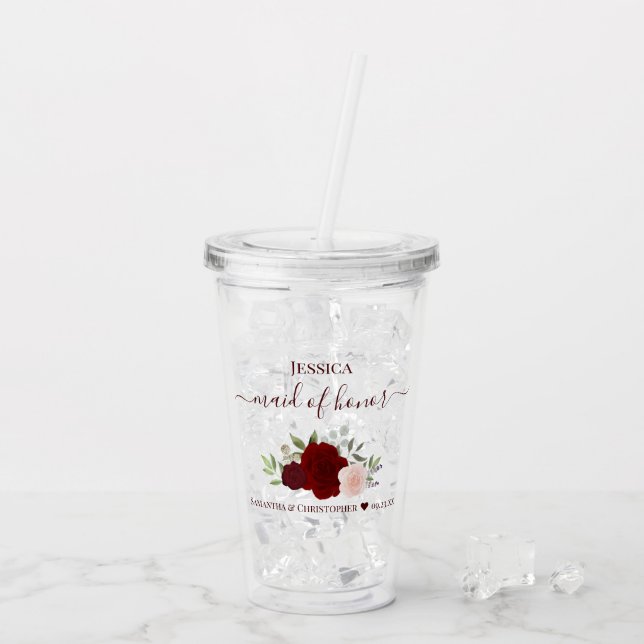 Burgundy Blush Roses Elegant Maid of Honor Wedding Acrylic Tumbler (Back Ice)