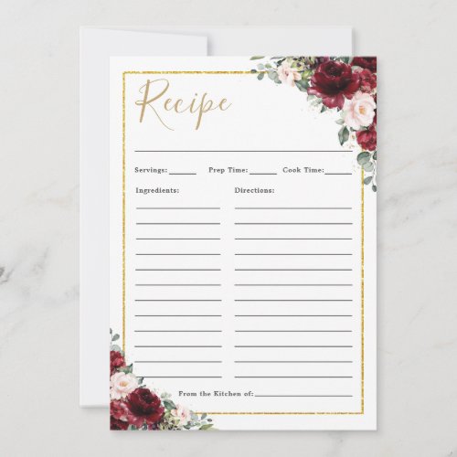 Burgundy Blush Roses Floral Bring Recipe Card