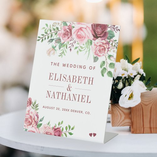 Burgundy blush roses garden wedding welcome sign