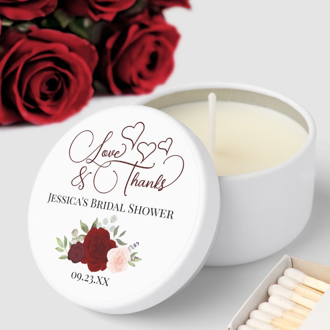 Burgundy & Blush Roses Love & Thanks Bridal Shower Mini Candle Favors (Creator Uploaded)