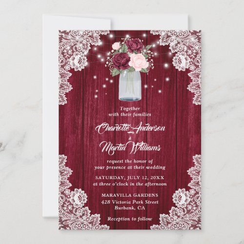 Burgundy Blush Roses Mason Jar Rustic Wedding Invitation