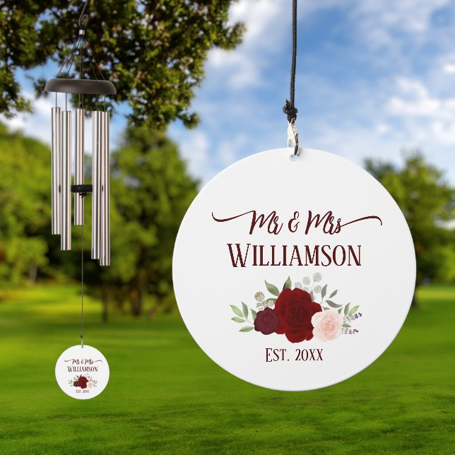 Burgundy & Blush Roses Mr. & Mrs. Wedding Memento Wind Chime (Outdoor)