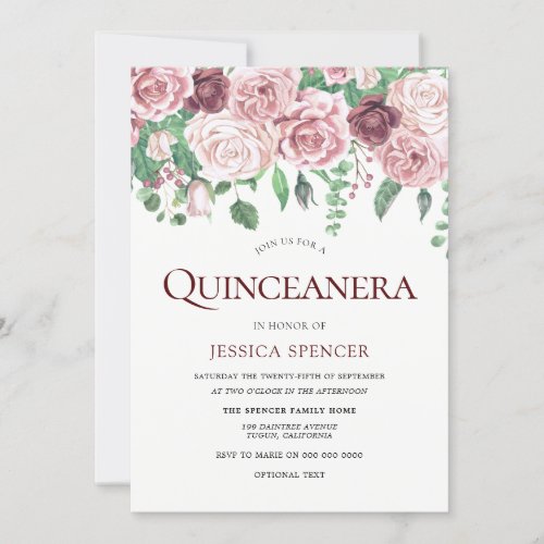 Burgundy  Blush Roses Quinceanera Party Invite