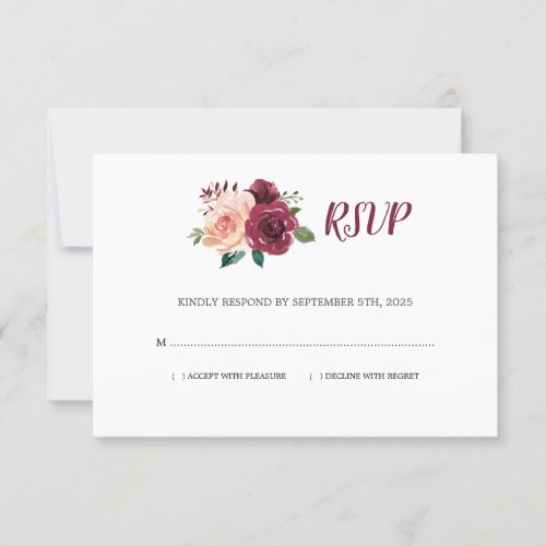 Burgundy Blush Roses Watercolor Floral Wedding RSVP Card