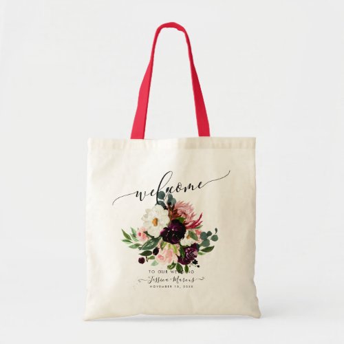 BurgundyBlush Roses Watercolor Flowers Welcome Tote Bag